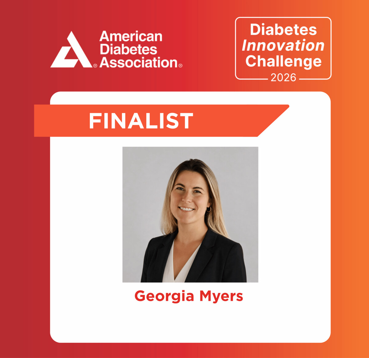 Klario named finalist in the American Diabetes Association Innovation Challenge 2026 — an ADA-branded graphic with a "Finalist" banner and a photograph of Georgia Myers