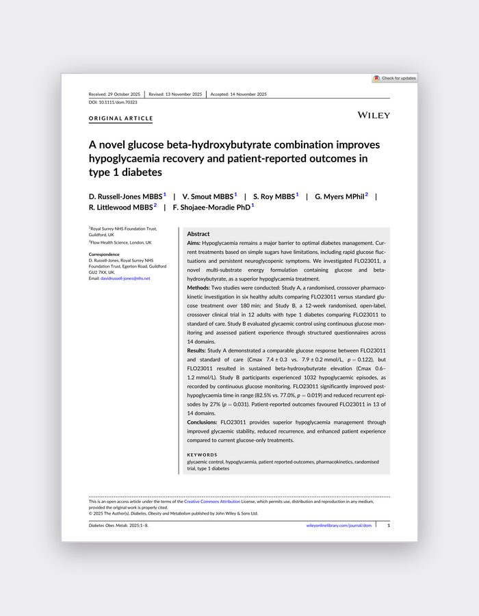 First page of the published paper: A novel glucose beta-hydroxybutyrate combination improves hypoglycaemia recovery and patient-reported outcomes in type 1 diabetes