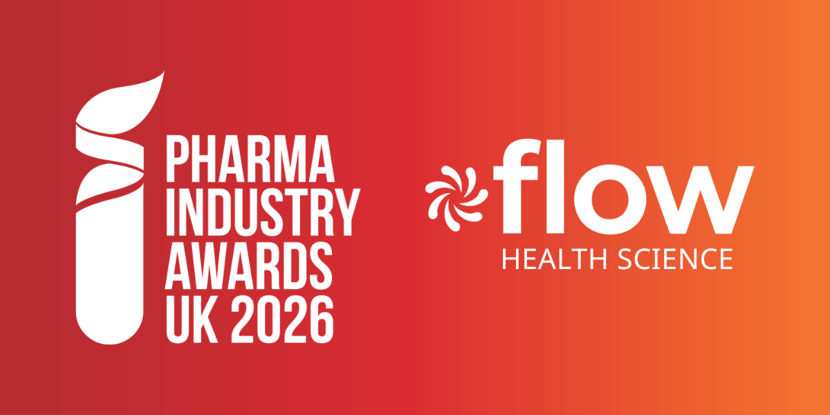 Pharma Industry Awards UK 2026 and Flow Health Science logos on a red-to-orange gradient background