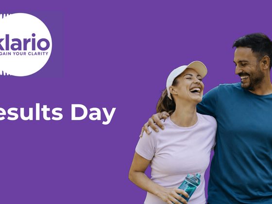 Klario Results Day title slide — a smiling couple outdoors on a purple background, with the Klario logo and 'Results Day' heading